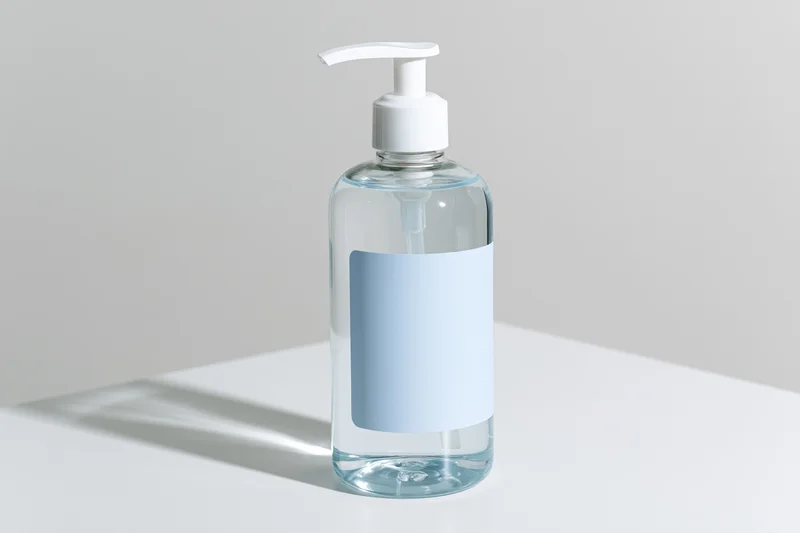 Clear pump-dispenser bottle with blank label on white surface