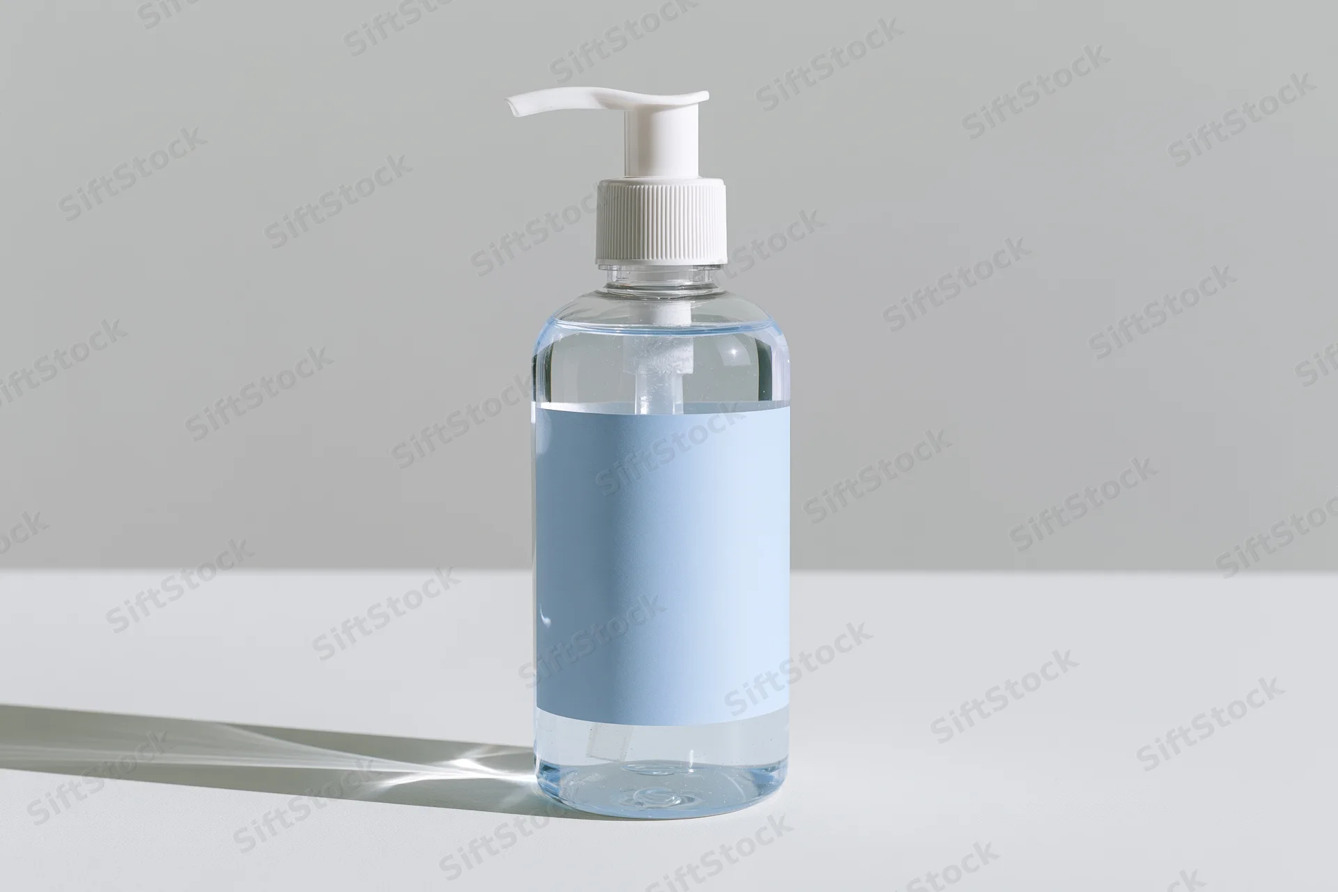 Clear pump-dispenser bottle with light blue label on white surface