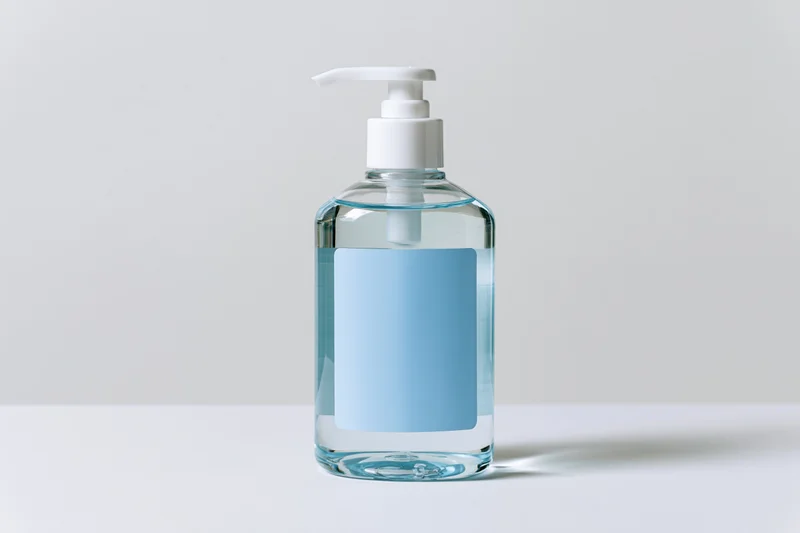 Clear pump-dispenser bottle of hand sanitizer with blank blue label on white surface