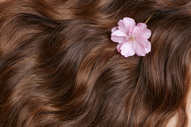 Close-up of long wavy auburn-brown hair with a pink cherry blossom tucked in