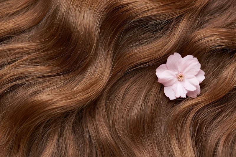 Close-up of long wavy auburn-brown hair with a pink cherry blossom resting on it in a flat lay arrangement