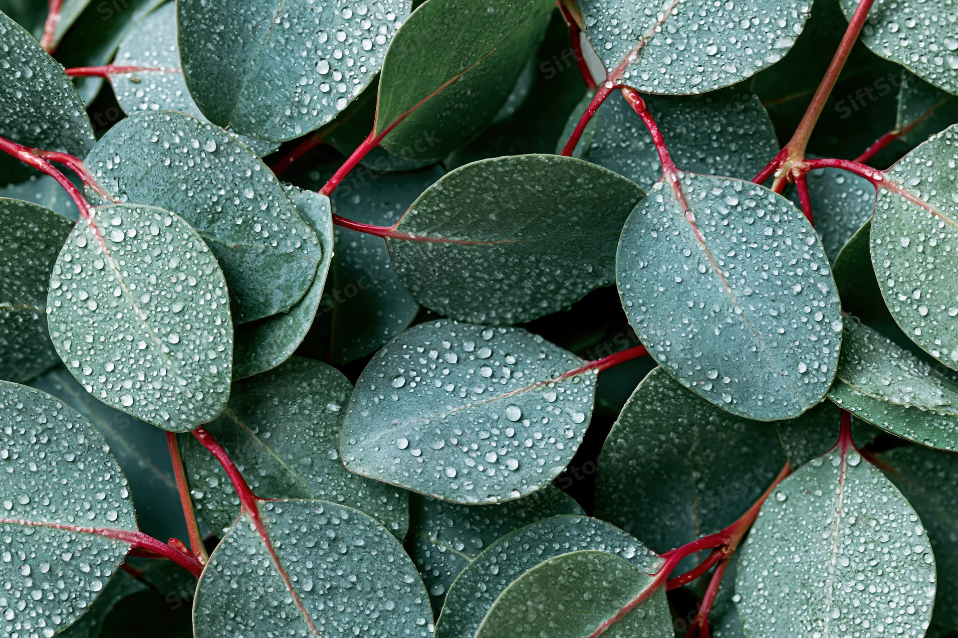 Close-up of overlapping eucalyptus leaves with water droplets on a flat surface
