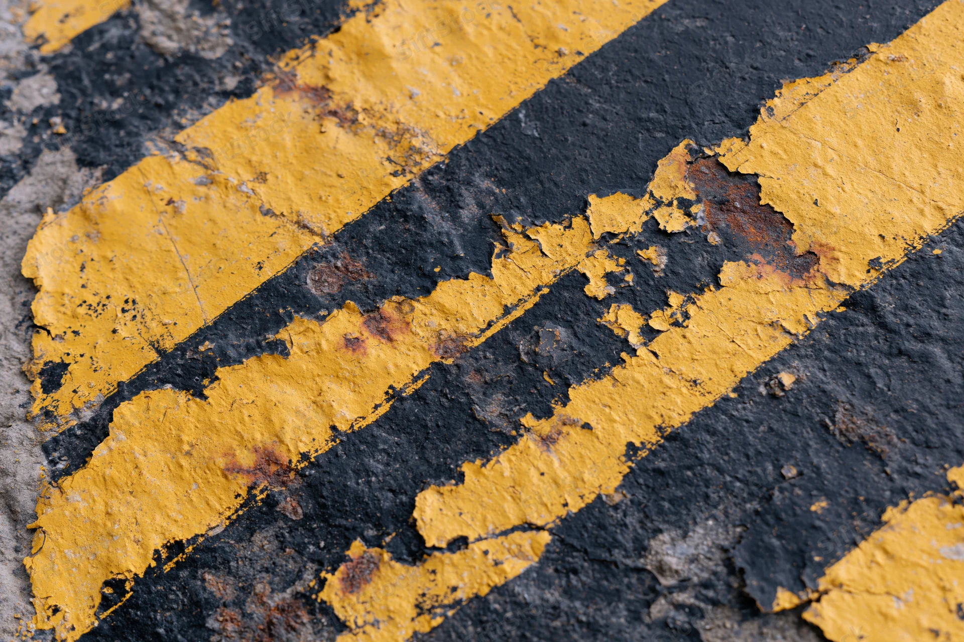Close-up of peeling yellow stripes on weathered asphalt pavement