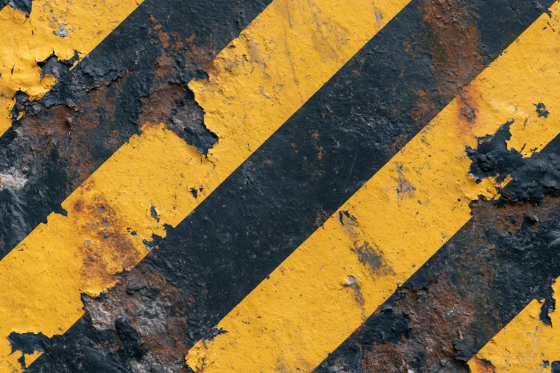 Diagonal yellow and black hazard stripes on a weathered metal surface with rust and peeling paint