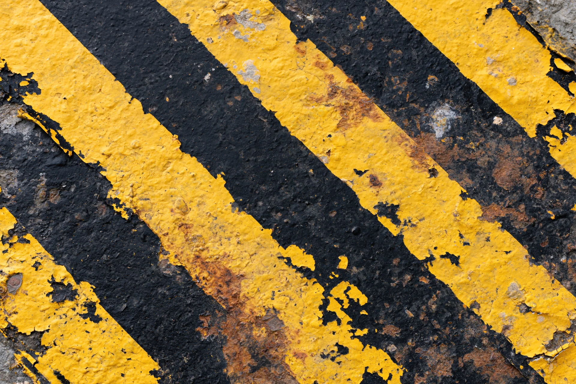 Weathered yellow and black diagonal stripes on a cracked concrete surface
