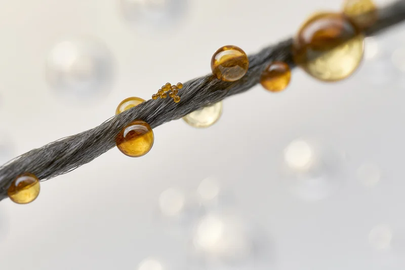 Close-up of a dark human hair strand with oil droplets on it against a soft blurred background