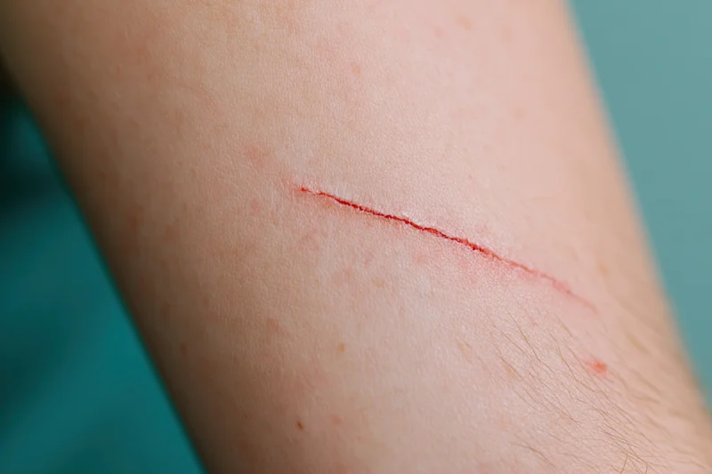 Close-up of a fresh shallow laceration on pale human forearm skin