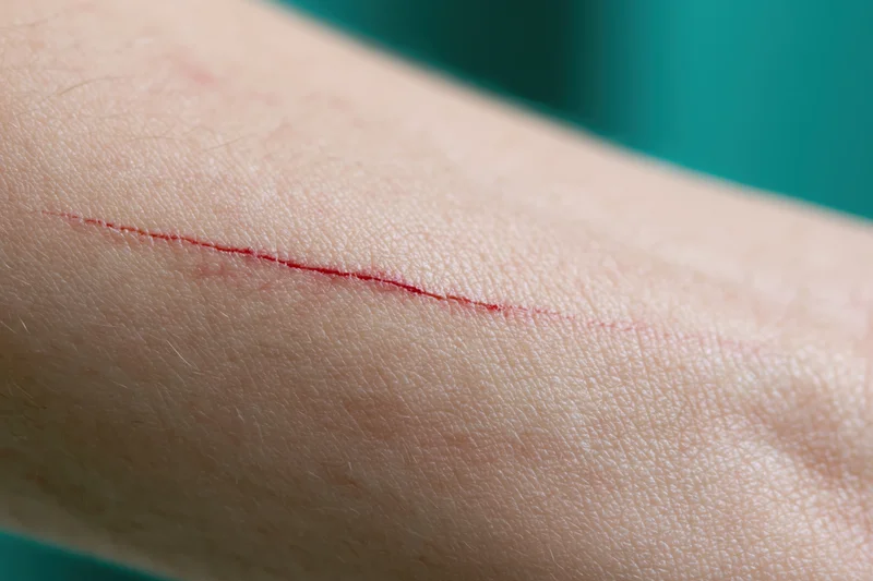 Close-up of a fresh red laceration on pale human forearm skin