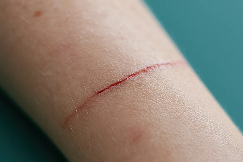 Close-up of a fresh shallow cut on pale human forearm skin