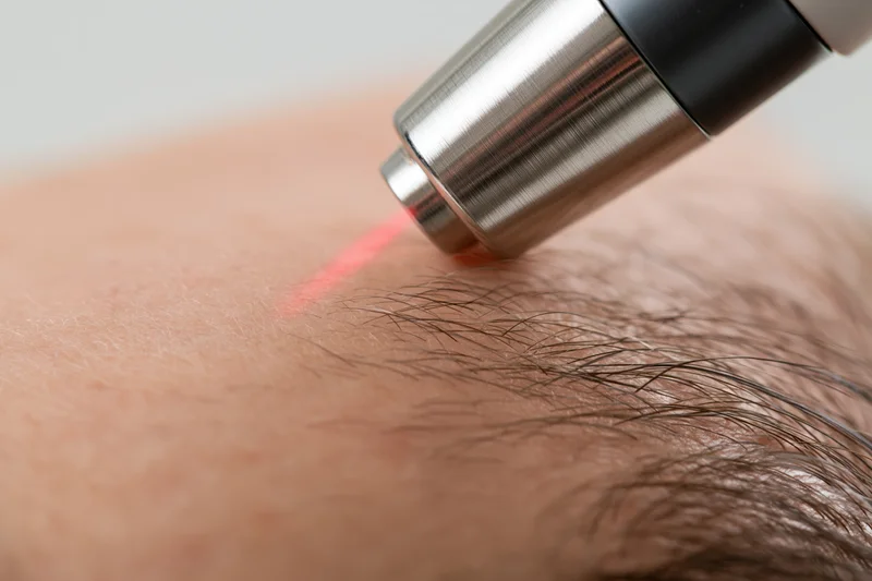 Handheld laser device targeting hair on skin during cosmetic treatment