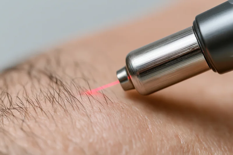 Handheld laser device targeting hair on skin during cosmetic treatment