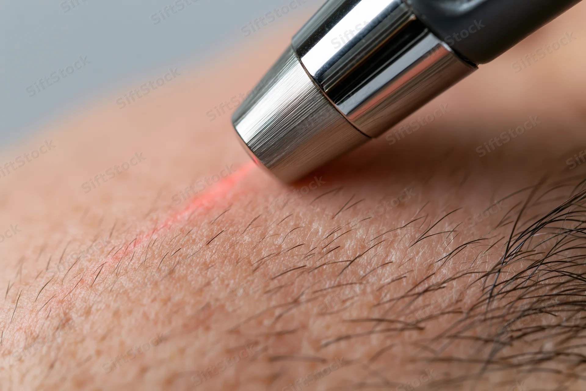 Handheld laser device emitting red light on skin during hair removal treatment