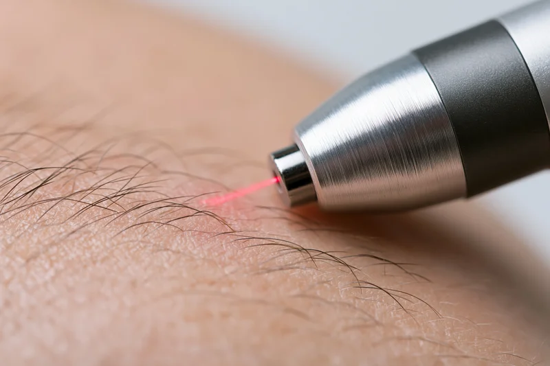 Handheld laser device emitting red beam on skin for hair removal