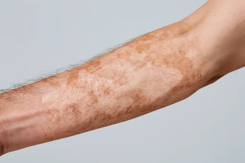 Close-up of a human forearm showing a burn scar with uneven pigmentation and textured skin against a plain background