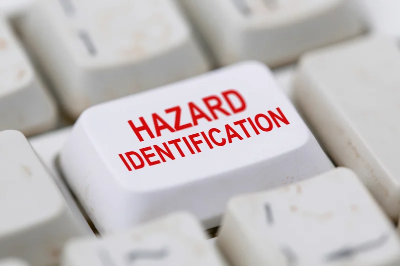 Close-up of a white keyboard key labeled hazard identification in red text