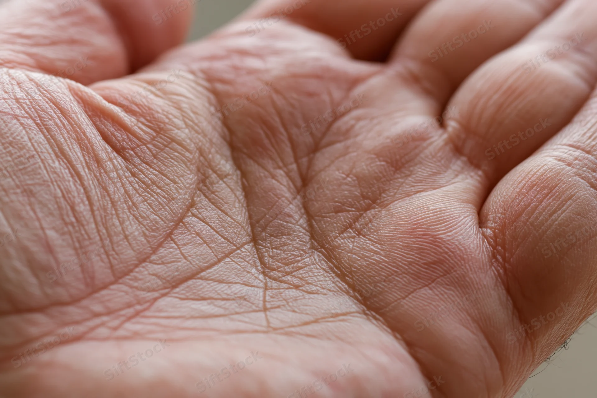 Close-up of an open elderly hand showing detailed skin texture and wrinkles