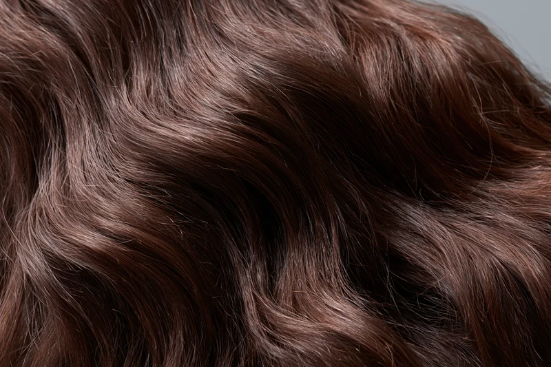 Closeup of dark brown wavy hair with glossy texture filling the frame