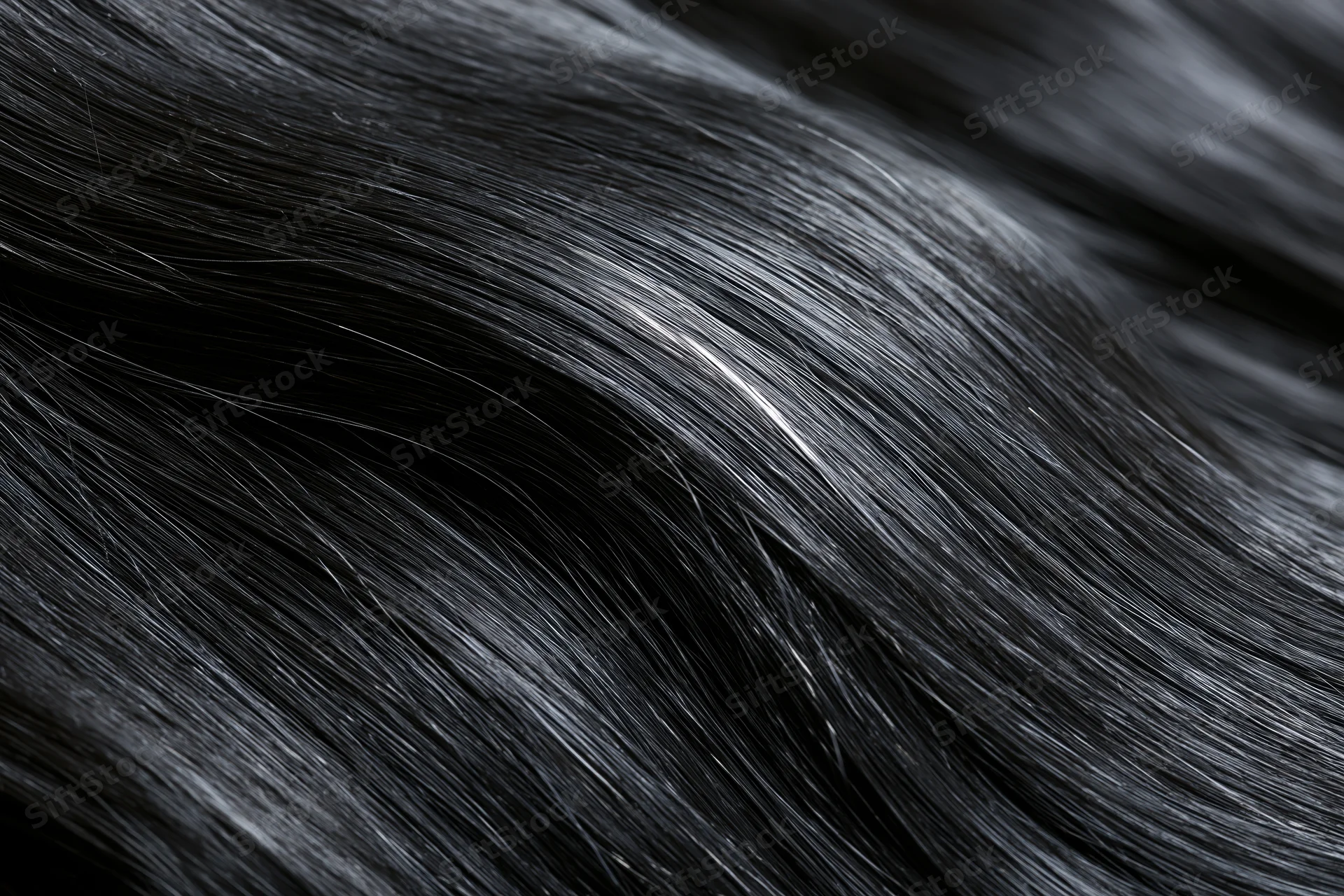 Close-up of glossy black hair strands flowing in soft waves