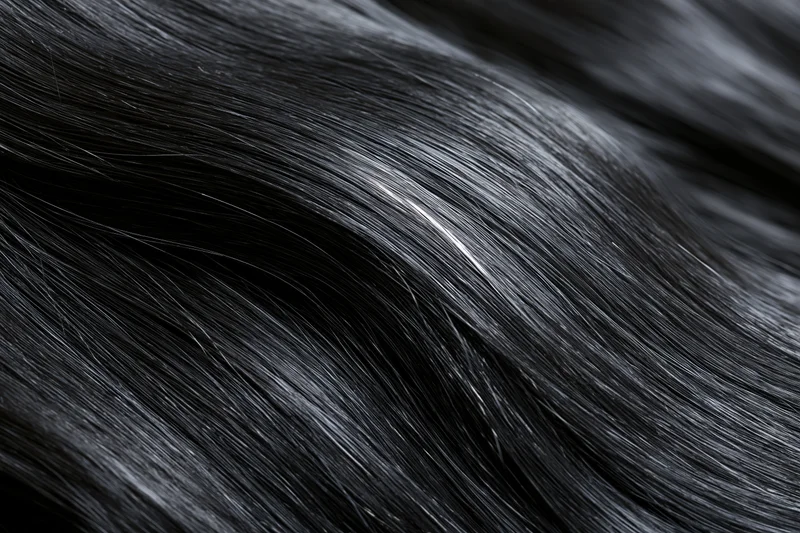 Close-up of glossy black hair strands flowing in soft waves