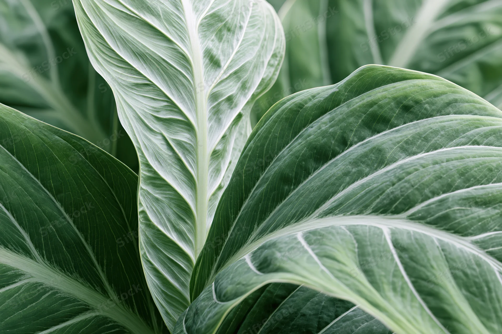 Close-up of large tropical leaves with prominent white veins and green surfaces