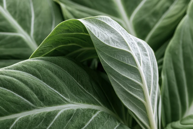 Close-up of large tropical leaves with prominent white veins and textured surfaces