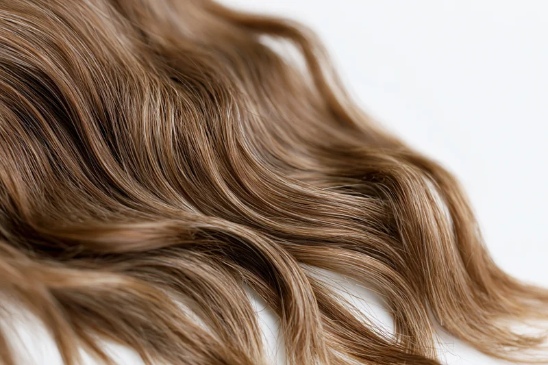 Close-up of loose wavy brown hair strands on white background