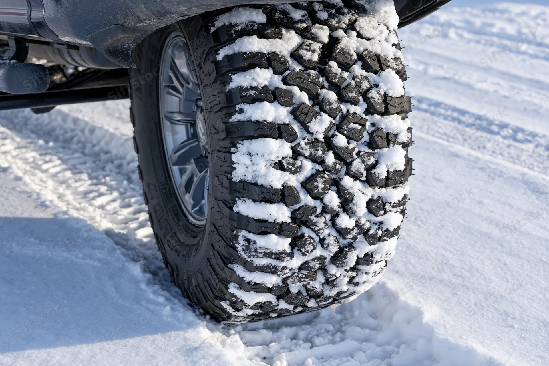 Close-up of a black all-terrain truck tire packed with snow on a snowy ground
