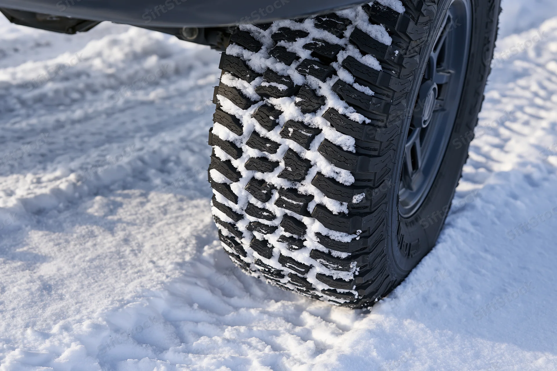 Close-up of a black all-terrain truck tire packed with snow on a snowy ground