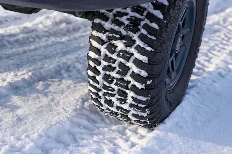 Close-up of a black all-terrain truck tire packed with snow on a snowy ground
