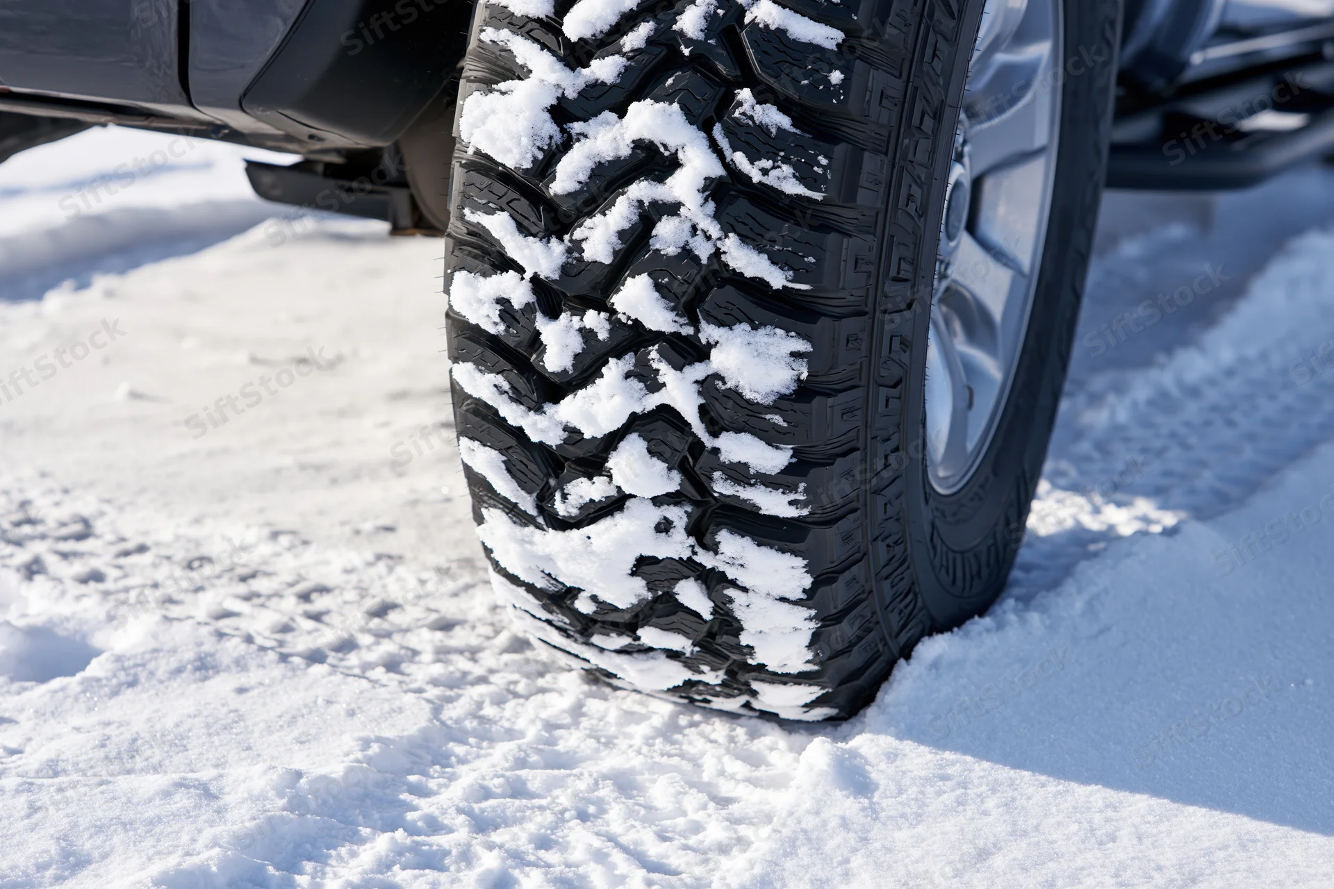 Close-up of a black all-terrain truck tire packed with snow on a snowy ground