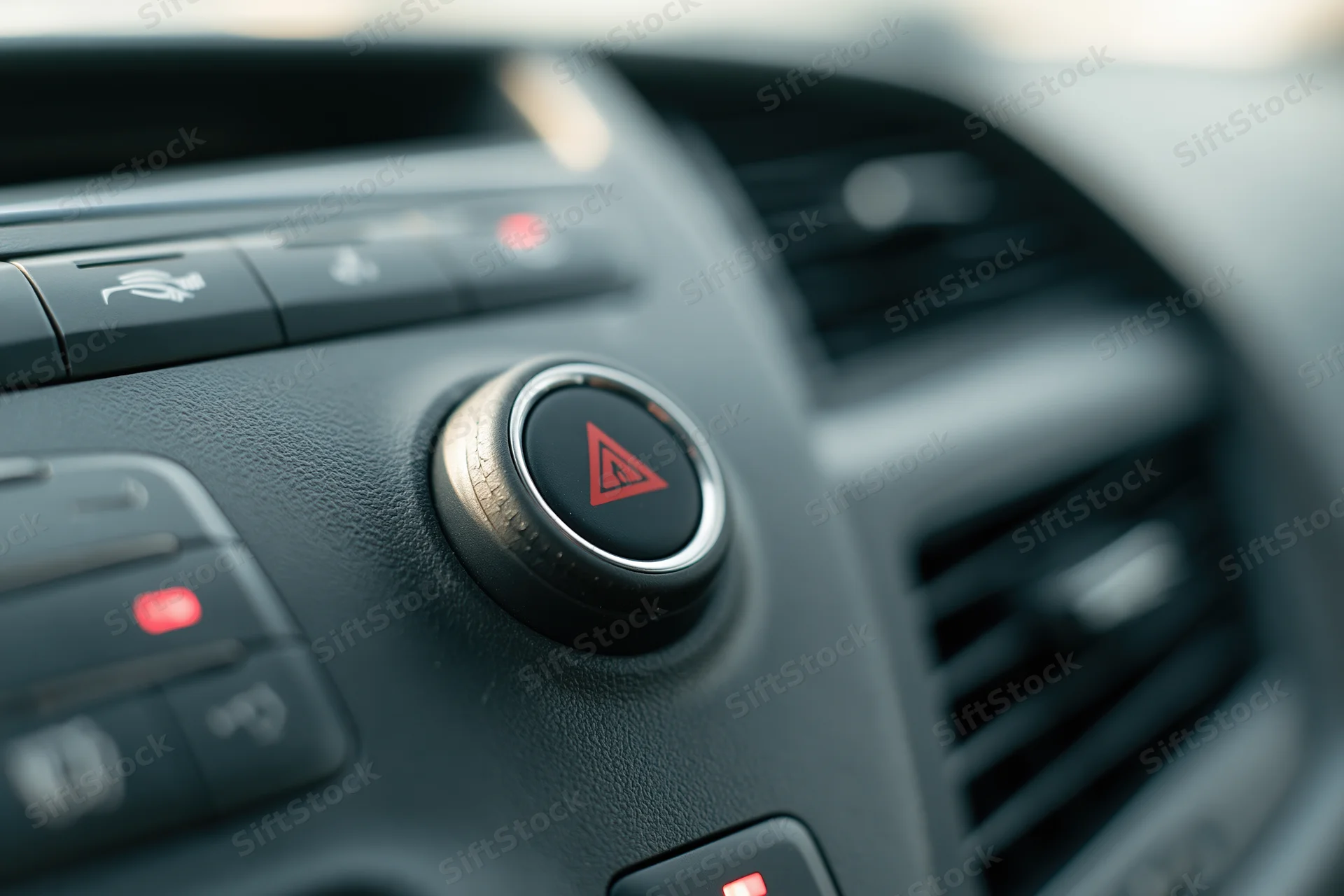 Close-up of car dashboard center console showing hazard warning button and controls