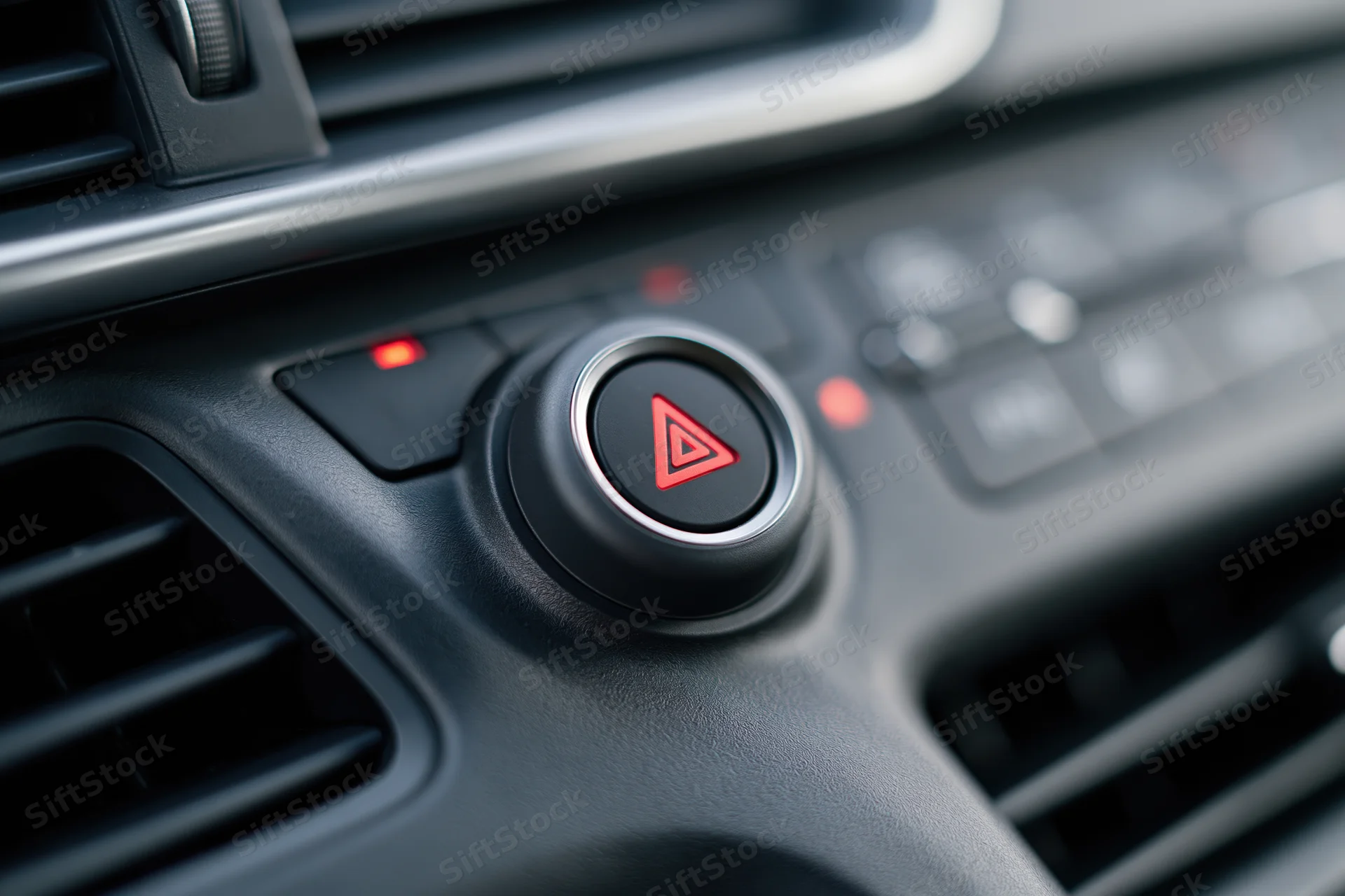 Close-up of a car dashboard console showing a red hazard warning button surrounded by vents and controls