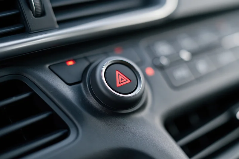 Close-up of a car dashboard console showing a red hazard warning button surrounded by vents and controls
