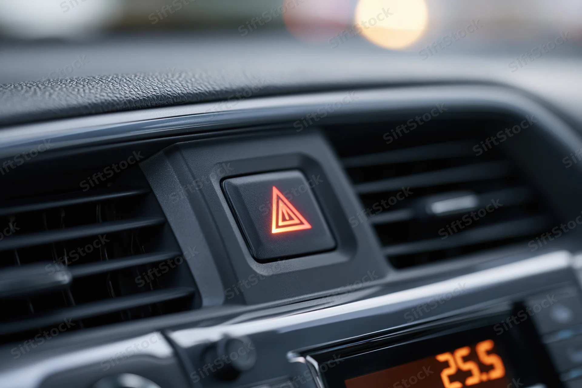 Illuminated hazard warning button on car dashboard center console with climate control display