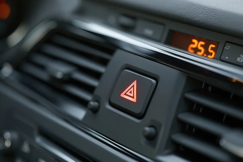 Illuminated hazard warning button on car dashboard console with digital temperature display and air vents