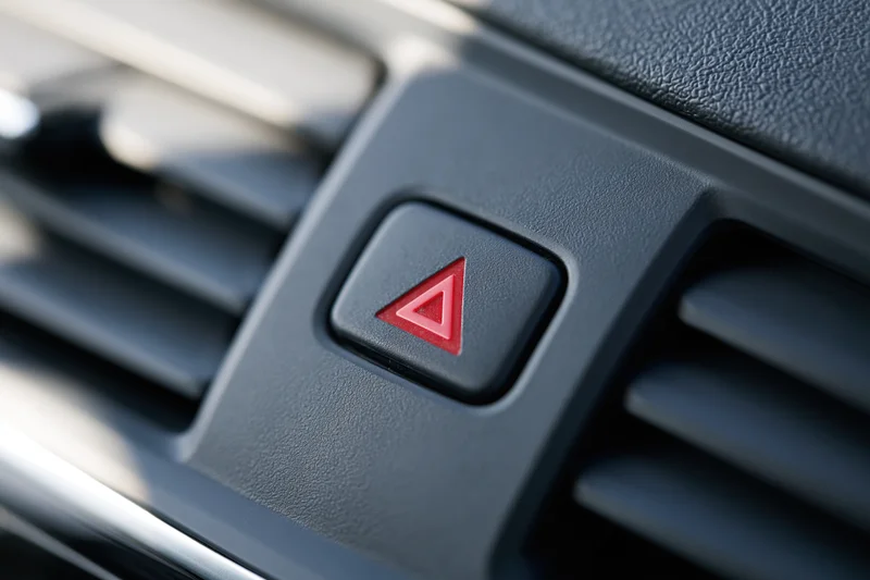 Red triangular hazard warning button on a car dashboard between air vents