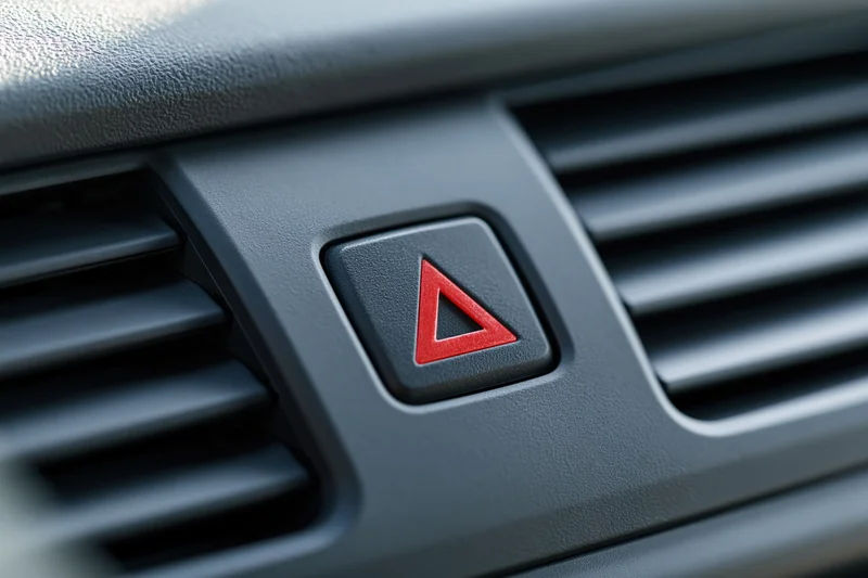 Close-up of a red triangle hazard warning button on a car dashboard between air vents