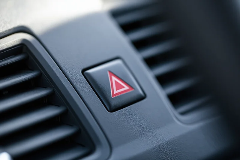 Close-up of red triangular hazard warning button on car dashboard near air vents