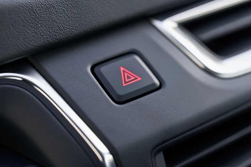 Close-up of a red hazard warning button on a car dashboard interior