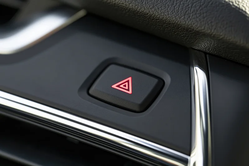 Close-up of red hazard warning button on car dashboard interior
