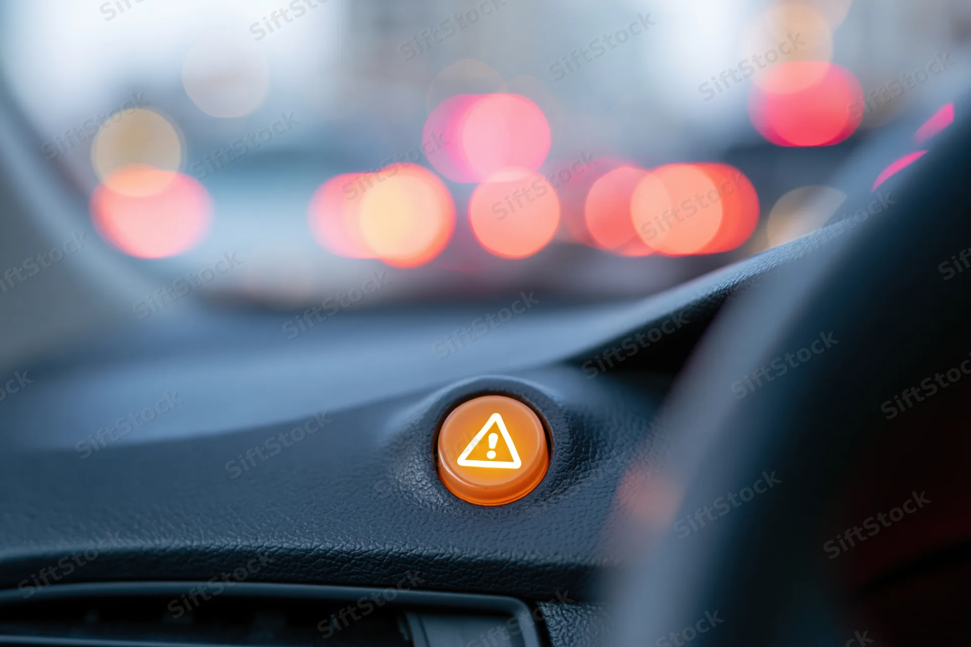 Illuminated hazard warning button on car dashboard at night with blurred city lights in background