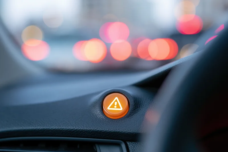 Illuminated hazard warning button on car dashboard at night with blurred city lights in background