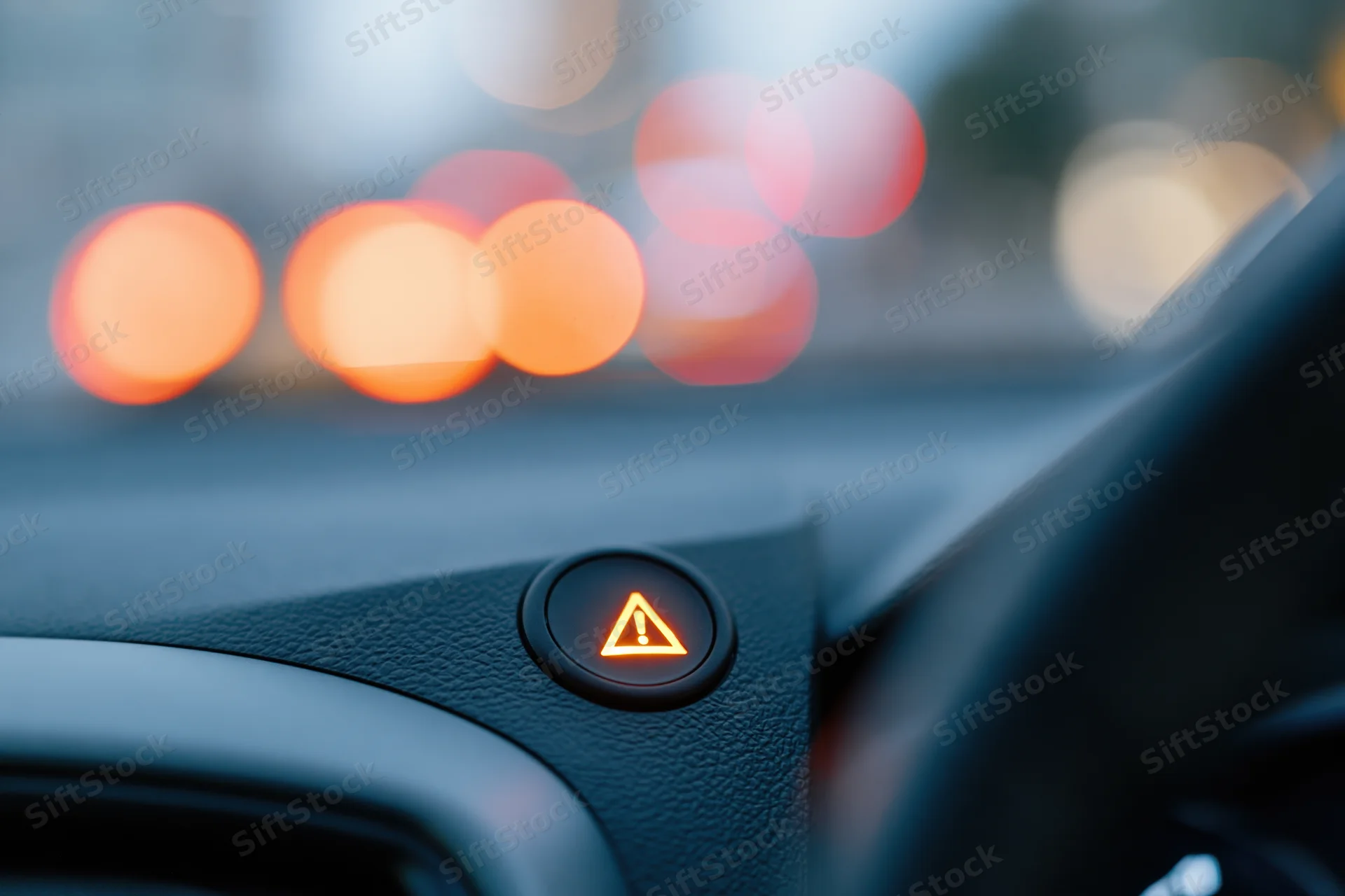 Illuminated hazard warning button on car dashboard with blurred traffic lights in background