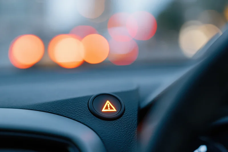 Illuminated hazard warning button on car dashboard with blurred traffic lights in background