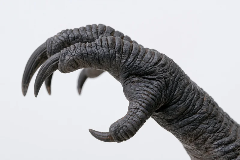 Close-up of a dark reptilian claw with long sharp talons isolated on white