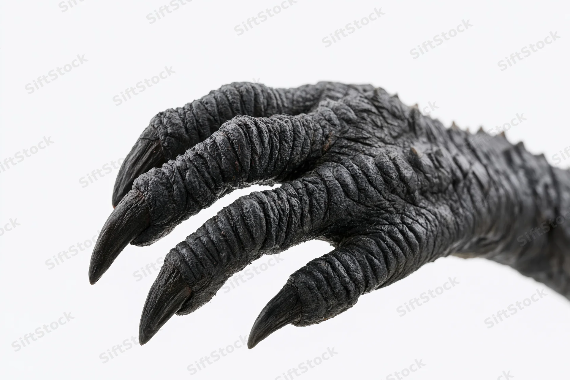 Close-up of a dark reptilian claw with long sharp talons isolated on white