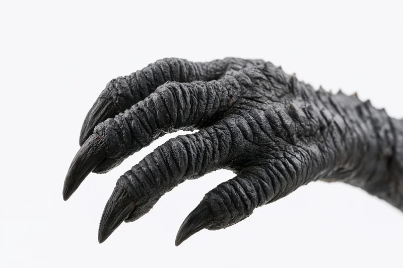 Close-up of a dark reptilian claw with long sharp talons isolated on white