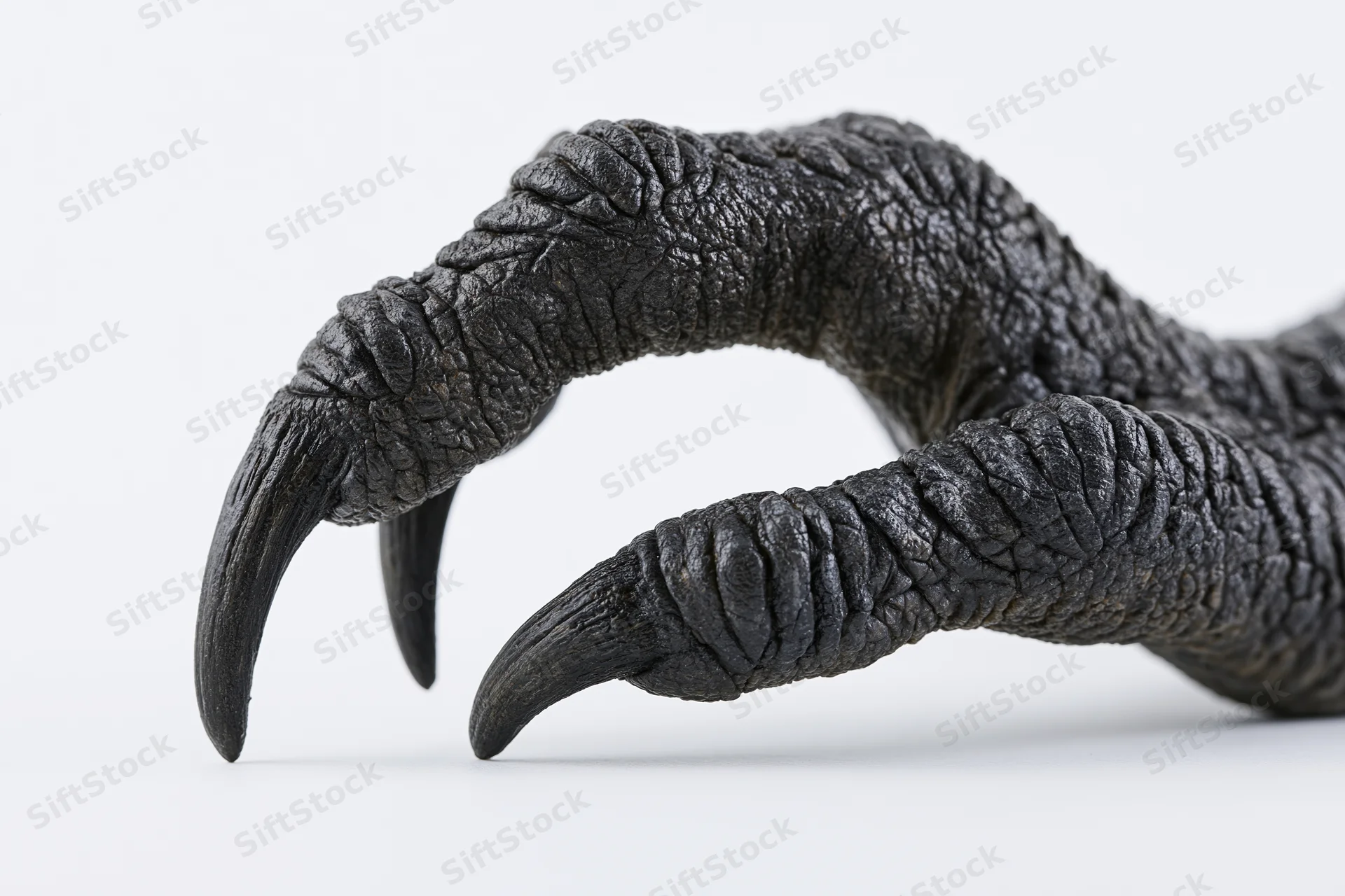 Closeup of a dark reptilian claw with sharp talons on a white background