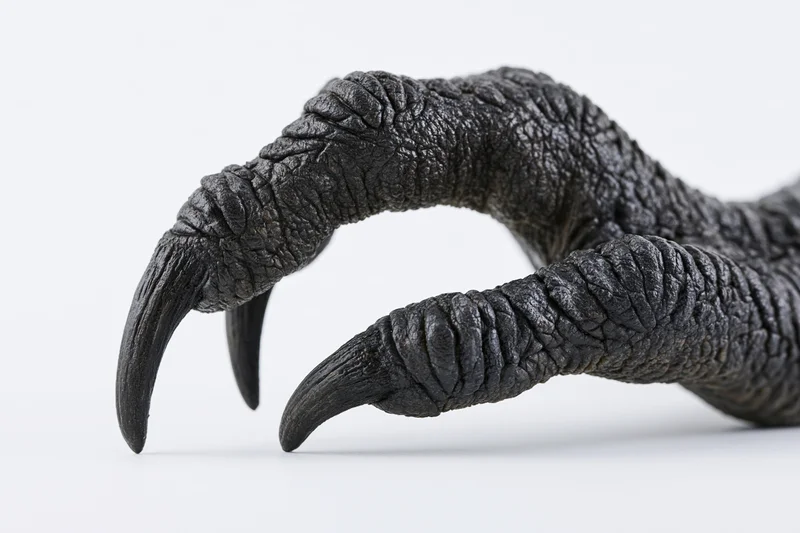 Closeup of a dark reptilian claw with sharp talons on a white background