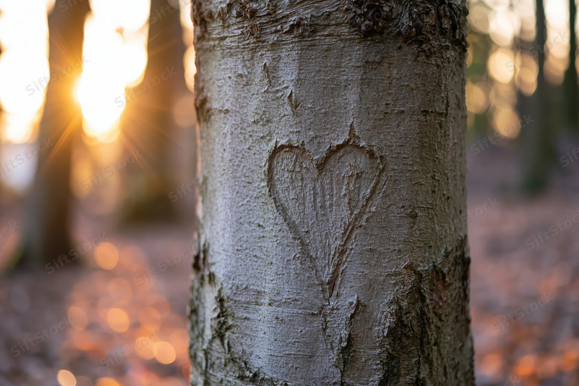 Heart carved into beech tree bark in forest at golden hour